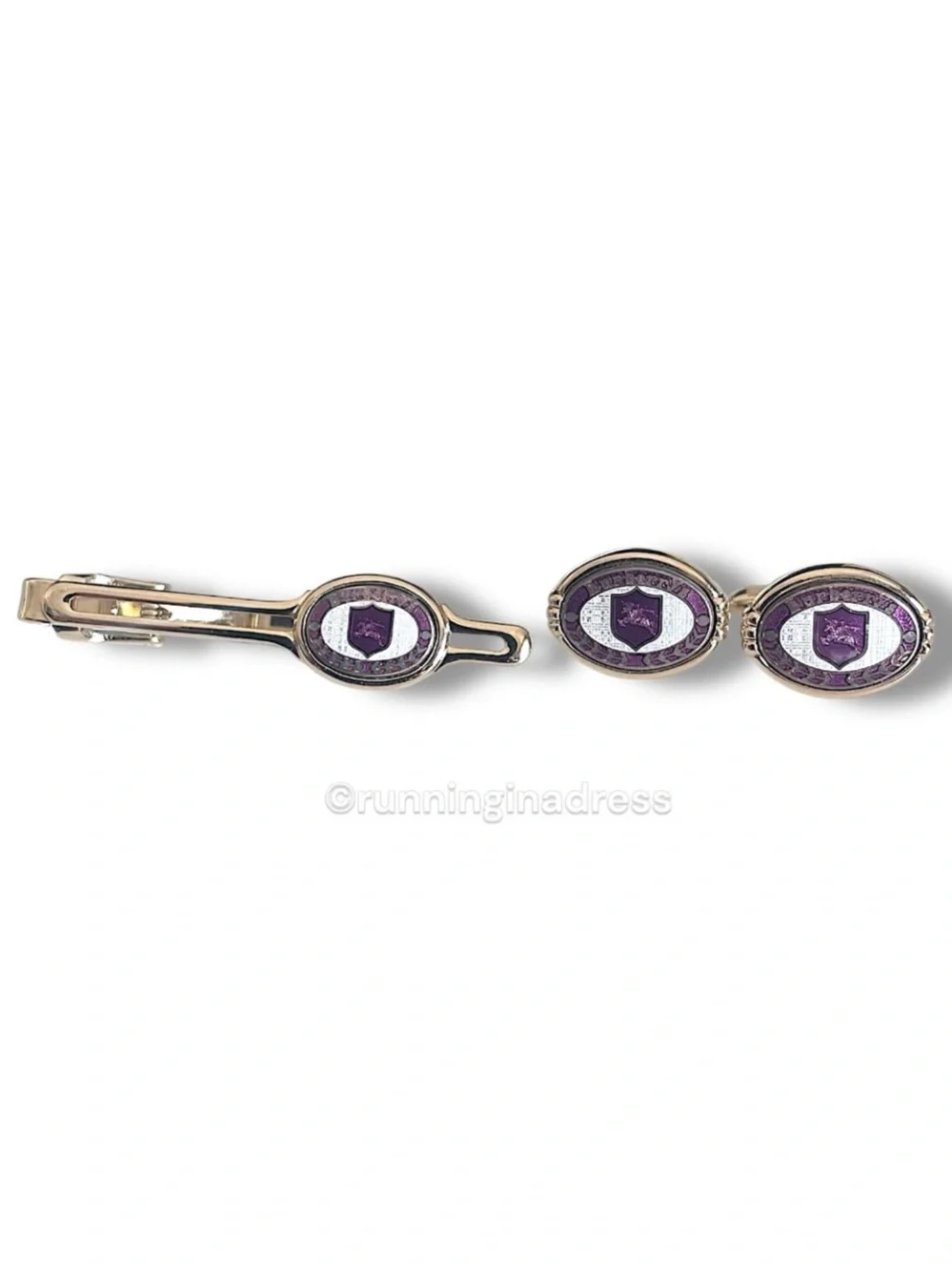 VTG Burberrys Gold Purple Nova Check Equestrian Knight Enamel Cufflink Bar Set